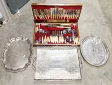Silver plated serving tray of rectangular form, having a pierced gallery rail decorated with vine
