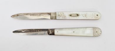 Two Victorian silver bladed and mother-of-pearl folding fruit knives, the first Sheffield 1869, John