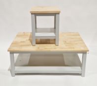 Contemporary Shaker-style coffee table of rectangular form, having a pale oak block top on a grey