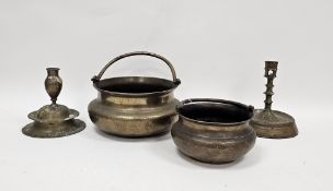 Antique Nuremberg brass candlestick with broad bell-shaped case, engraved P.P to base, 16.5cm