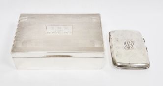 Silver cigarette box, Birmingham 1950, maker's mark rubbed, of rectangular form, the engine turned