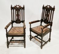 Pair of Victorian oak carver chairs in the 17th century manner, the cresting and splat carved with