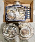 Mixed lot of silver plate and metalware including a squirrel nut dish, a set of six numbered