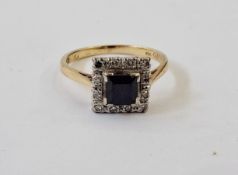 18ct gold, sapphire and diamond dress ring, the square set sapphires surrounded by small illusion