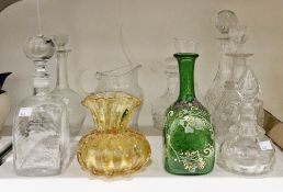 Collection of coloured glassware and cut-glass, including: a Murano style amber vase of ribbed form,