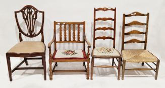 Collection of four chairs including a mahogany ladderback chair with woolwork embroidered seats,