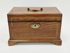George III mahogany and inlaid tea caddy, of rectangular form, brass handle to hinged lid opening to
