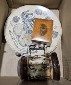 Mauchlineware small box printed with Guys Cliff House, a German pewter mounted stein moulded with