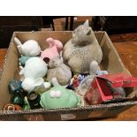 Two pottery models of cats, a pair of cut glass decanters, together with assorted china and