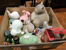 Two pottery models of cats, a pair of cut glass decanters, together with assorted china and