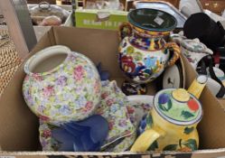 An Italian Deruta hand-painted floral pattern twin handled vase, a Herend Hungary village pottery