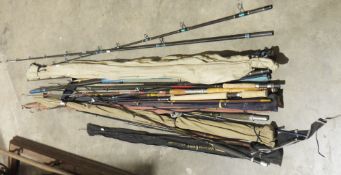 Assorted fishing rods including examples by Shakespeare, Hardy and others