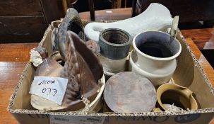 'Old Forge', Rowlands Pottery lidded tea, coffee and sugar storage jars, a soapstone lidded box in
