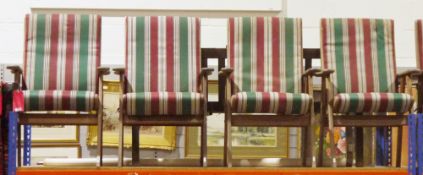 Four Clarecraft Industries teak garden chairs with striped upholstered covers (4)