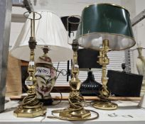 Pair of brass baluster form table lamps, a ceramic ginger jar-form floral Chinese style lamp and
