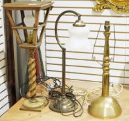 Brass dome based table lamp, a wooden table lamp on turned column of lamp post style and another (3)