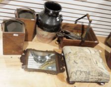 Pair of bellows with leather and brass studded design, a wooden basket with iron and wood handle,