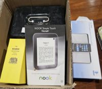 A cash box, a fur stole, a cased dressing table set, a Nook Glowlight, Alba portable speaker for