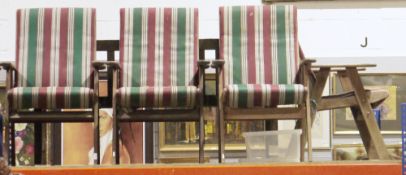 Four Clarecraft Industries teak garden chairs with striped upholstered covers (4)