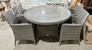 Grey rattan-style circular garden table by Bramble Crest with glass top, 120cm diameter x 75cm