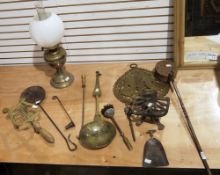 Quantity of metalwares including an oil lamp with chimney and shade, a pierced metal decorative wall