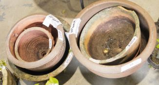 Six various terracotta garden planters, largest 53cm diameter (6)