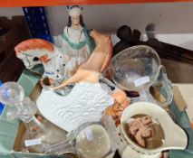 Staffordshire mare and foal spill vase (damaged), a further flatback of a figure on horseback, three