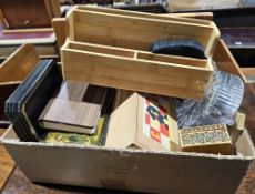 A Waterford cut glass mantel clock, a wooden chess set, a faux pearl necklace in Jeremy France case,