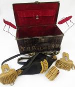 Pair of naval dress epaulettes, bicorn hat, leather belt and sash, made by Gillott and Hasell of