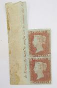GB stamps: Mint selvage pair of QV line engraved 1d red brown, SG 8, cat £1,200.
