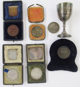 Five Eton College rowing medals, three of the medals are in fitted cases with shields engraved