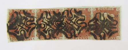 GB stamps: Imperf LE 1d red-brown strip of 4, SG 8, with black London No ‘12’ Maltese Cross