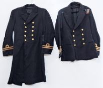Royal Navy officer's uniform comprising of two jackets, two pairs of trousers, coat and cap with