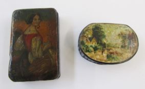 19th century papiermache snuff box of rectangular form, painted scene to top of a lady in period