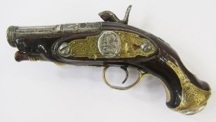 19th century percussion cap pistol with brass trigger guard and decorative white metal and brass