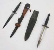 WWII third pattern Fairbairn Sykes fighting knife with scabbard, rubbed grip with the number '1'