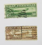 USA stamps: Zeppelin 1930 air used 65 c green and $1.30 brown.