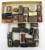 Collection of snuff boxes including papiermache, horn, carved wooden, silver plated and other