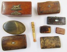 Various snuff boxes to include a small tortoiseshell example, burrwood, horn and others of various