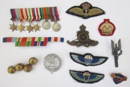 Two Special Air Service parachute wings, SAS cap badge, WWII miniature medal group of six, Royal