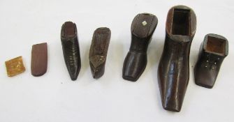 Five 19th century and later treen novelty snuff boxes in the form of shoes and boots, one with pique
