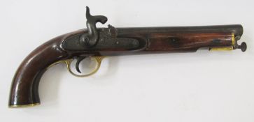 19th century sea service percussion cap pistol with brass trigger guard, brass butt cap and