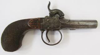 19th century percussion cap muff pistol with engraved lock and chequered grip.