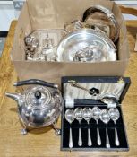 Mixed lot of silver plate including a spirit kettle, tureen and cover, tea strainer, swing handled
