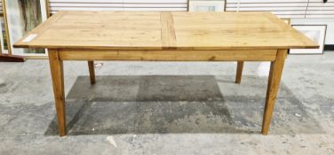 Modern oak refectory-style dining table, 76cm high x 90cm wide x 201cm long, and a set of eight