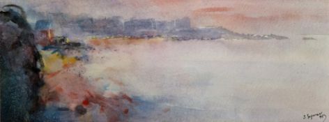 Javier Sagarzazu (Spanish, b.1946) Watercolour drawing Coastal view with town in distance, signed