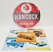 Five reproduction metal car advertising signs including Morgan plus 8, Morgan 4 and 2 Land Rover,