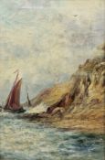 19th century school Oil on canvas Coastal scene with sailboat near cliff, indistinctly signed