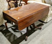 19th century mahogany drop-flap table, of rectangular form, drawer to one end, on a turned