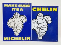 Michelin tin advertising sign featuring a running Mr Bibendum, 75cm x 75cm together with a another